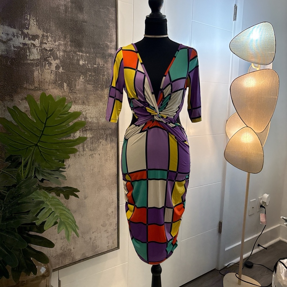 Vintage Colorblock Twist-Front Midi Dress - Multicolor